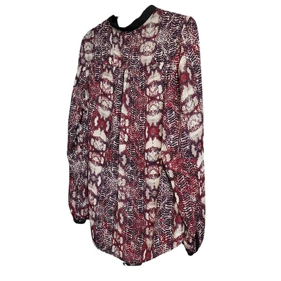 SAMI & JO LONG SLEEVE, V-NECK TUNIC BLOUSE, WOMANS, 2X, PURPLE RED TAN GEOMETRIC - Picture 5 of 10